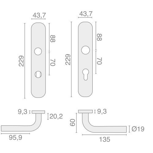 Ensemble double bequille sur plaque JADE série 1194 - Bec de Cane - inox