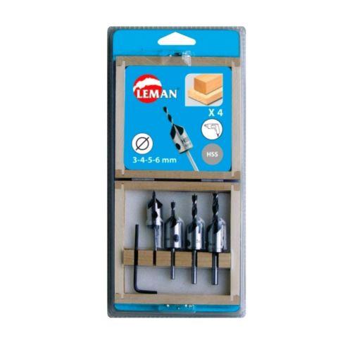 LEMAN 203.500.04 coffret de 4 forets hélicoïdaux avec fraisoirs bois PER.00203.0