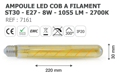 AMPOULE LED COB A FILAMENT - ST30 - E27 - 8W - 1055 LM - 2700K