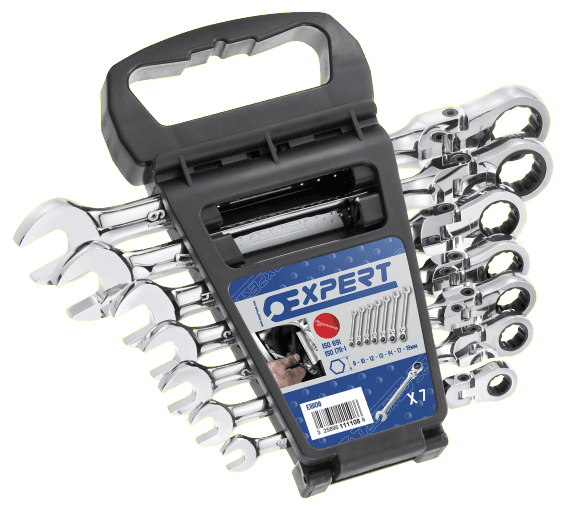 EXPERT - Jeu de 7 cles mixtes a cliquet articulees en rack