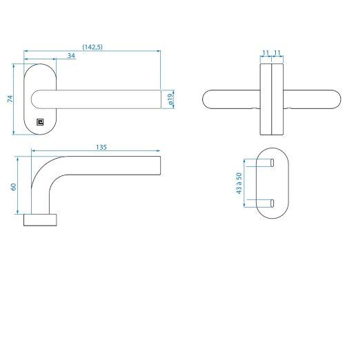 Béquille double sur rosace ovale étroite JADE série 1194 - Inox - Droite