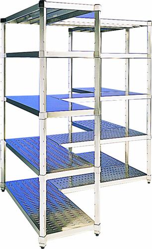 RAYONNAGE MODULABLE MONTANTS INOX A 4 TABLETTES PERFOREES